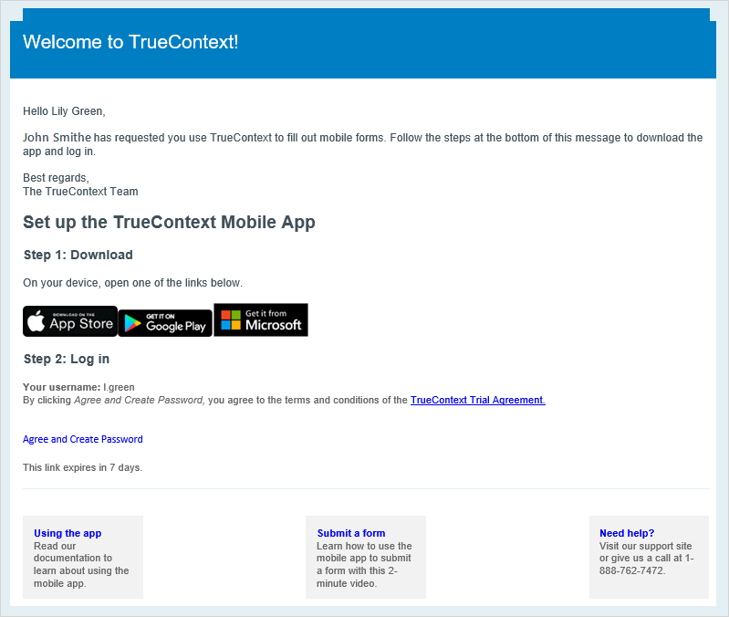 The default welcome email a new TrueContext user receives. The email gives the user instructions on how to sign in and how to download the mobile app.